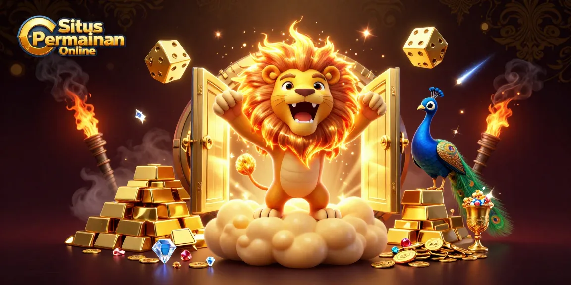 Situs Permainan Online showcases a majestic sun lion amongst golden casino elements, emphasizing winning excitement.