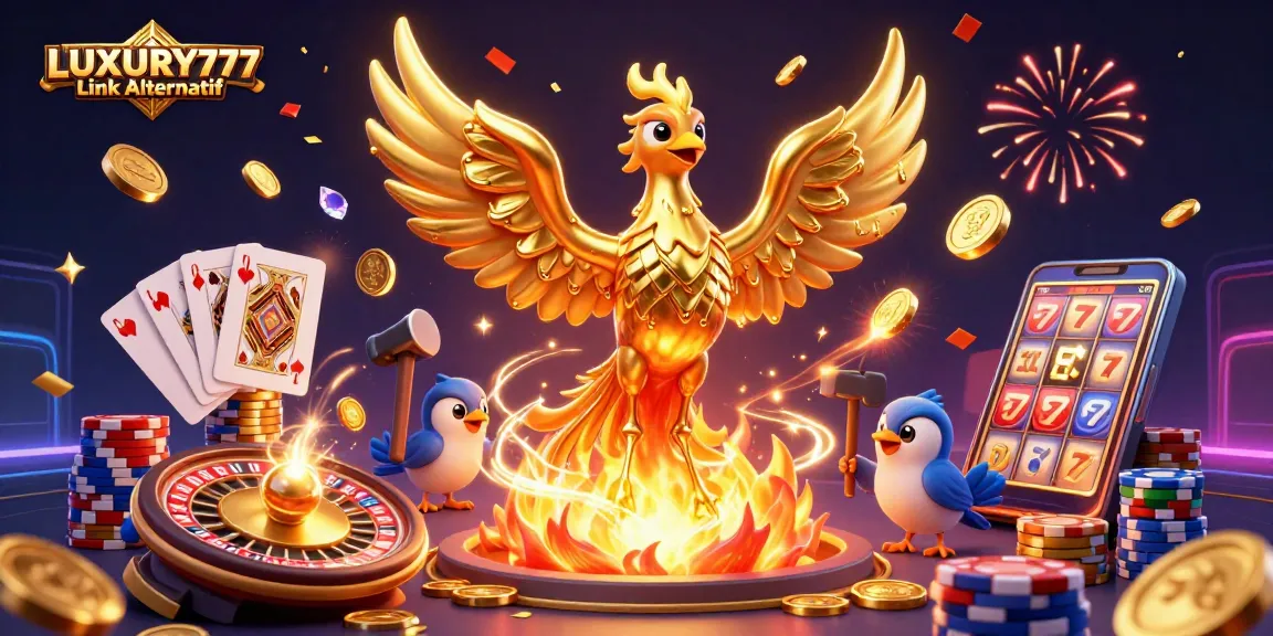 Visualisasi LUXURY777 Link Alternatif yang menunjukkan phoenix emas dari logam leleh dan elemen kasino lainnya.