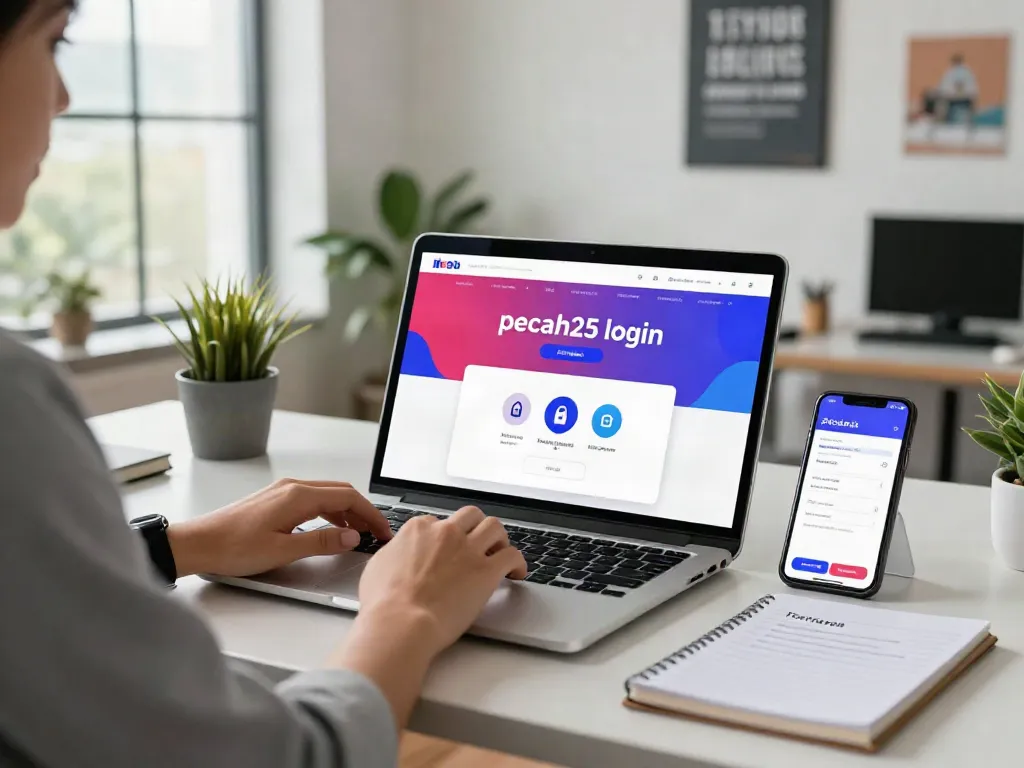 Proses login pecah25 dengan pengguna di kantor modern, tampilan portal login di layar laptop.