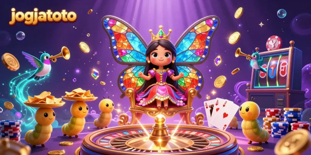 Experience excitement with jogjatoto in vibrant casino-themed illustration featuring dynamic characters and game elements.