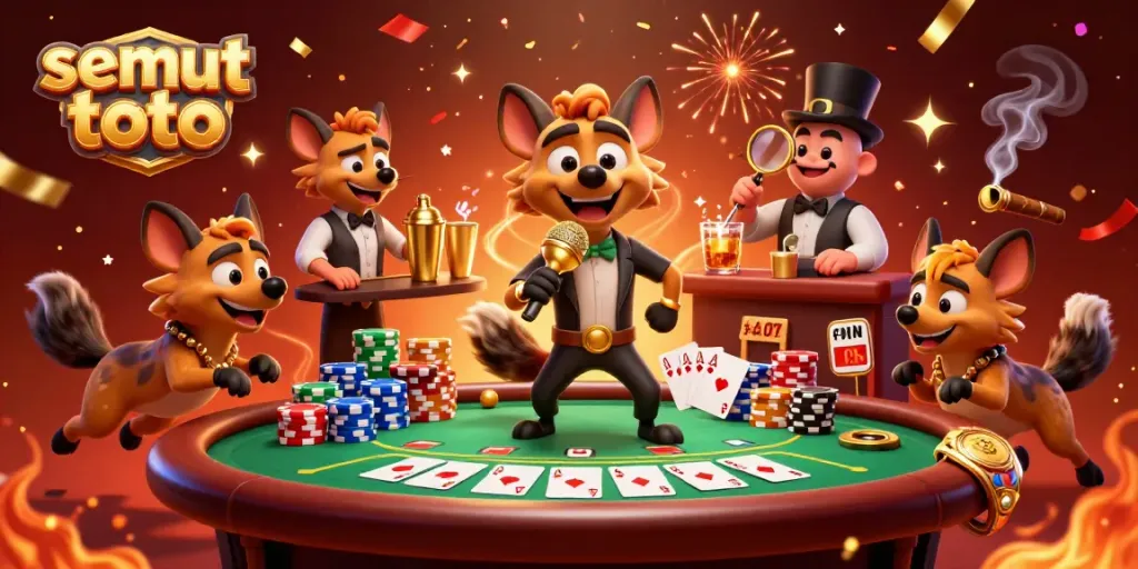 Ilustrasi kartun 3D semut toto dengan hyena lucu beraksi di klub kasino, penuh energi dan elemen permainan.