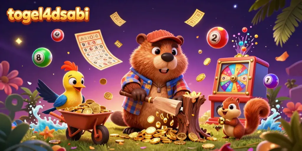Menggambarkan togel4dsabi dengan karakter kartun beaver pemotong kayu, bola lotere berwarna dan efek uang emas.