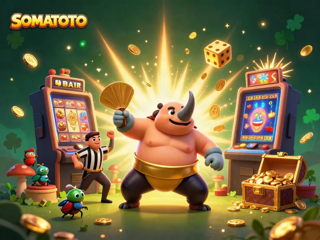 SOMATOTO engaging as a cartoon beetle champion leaps, scattering coins amidst a vibrant casino scene.