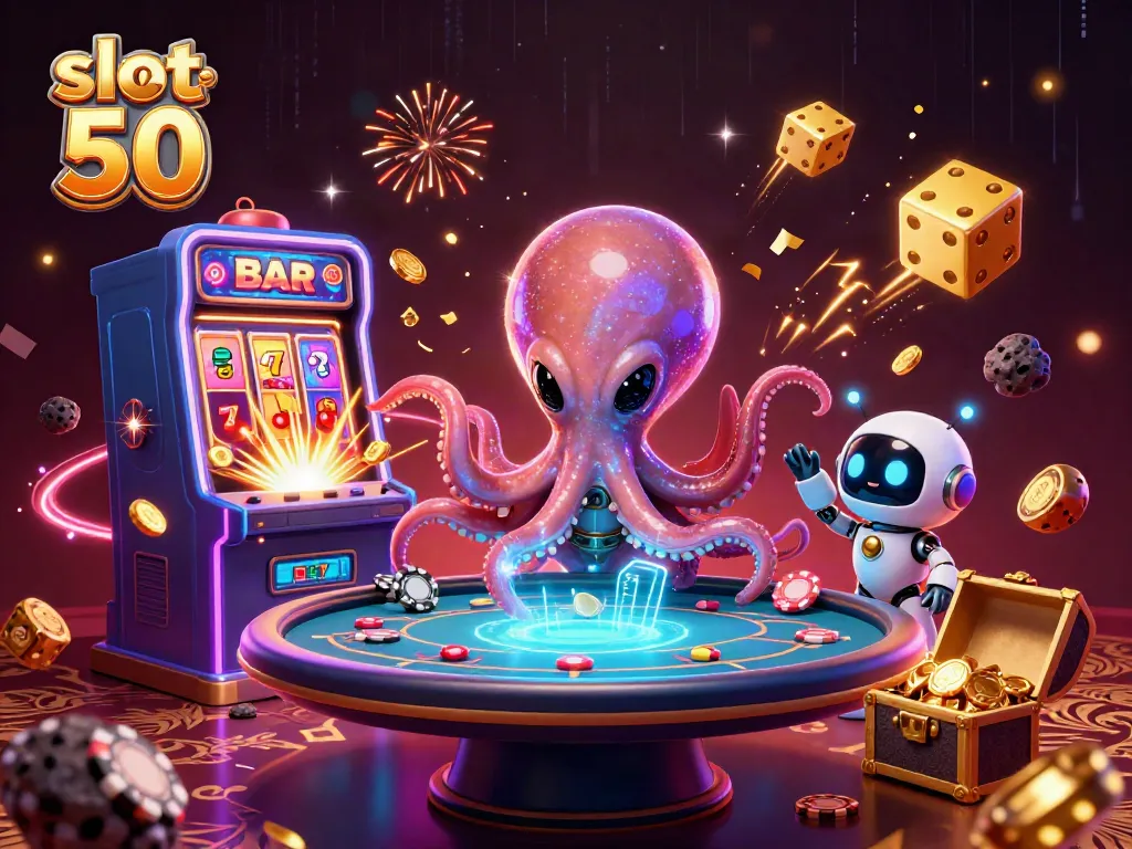 Slot bet 50 dengan alien dan robot di meja judi, jackpot melimpah memenuhi layar.