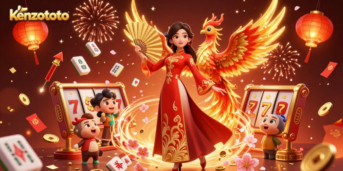 Kenzototo offers winning opportunities with a stunning 3D illustration of a glamorous woman, phoenix, and casino elements.