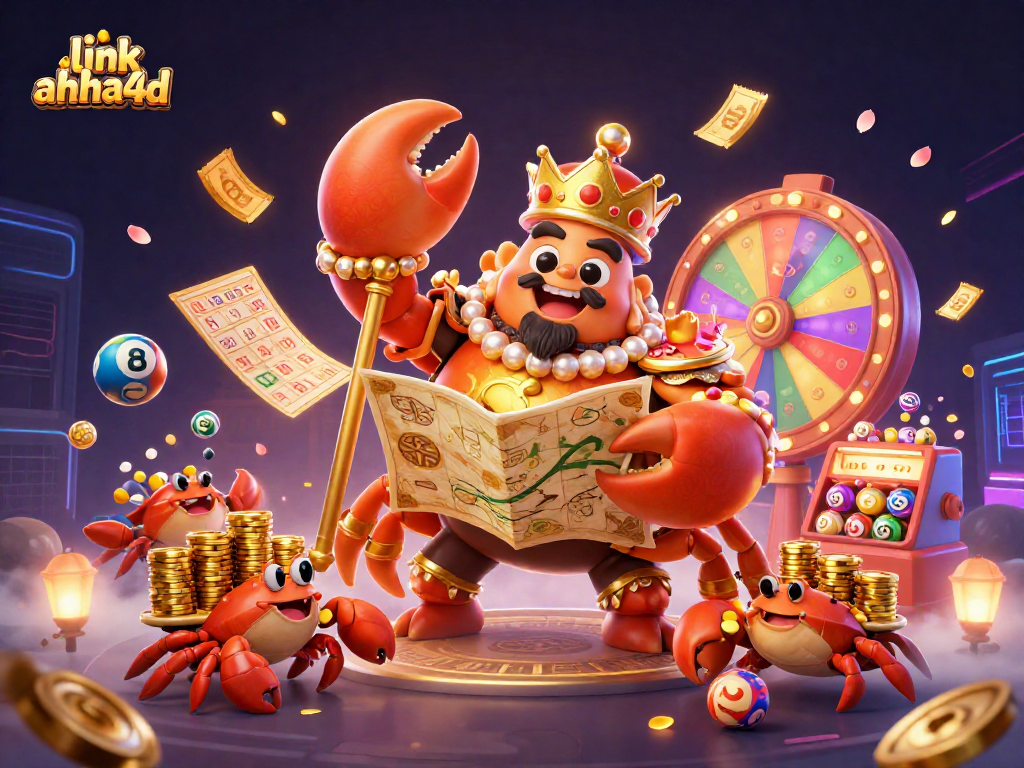 Memenangkan permainan lotere di link ahha4d dengan ilustrasi krustasea megah dan elemen permainan yang berwarna-warni.