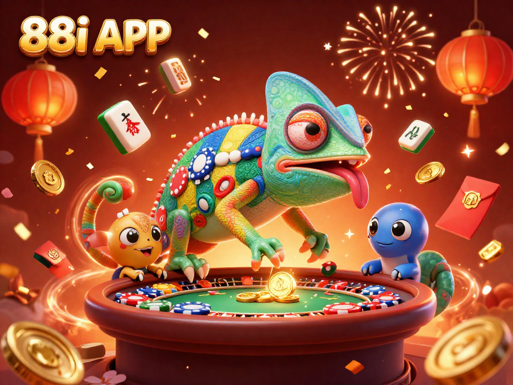 Experience the excitement of 88i APP with a chameleon casino owner amidst festive casino elements.