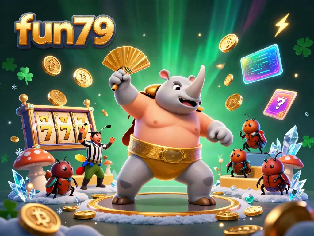 Experience fun79's thrilling casino adventure with a vibrant 3D illustration featuring a sumo beetle champion and golden coins.