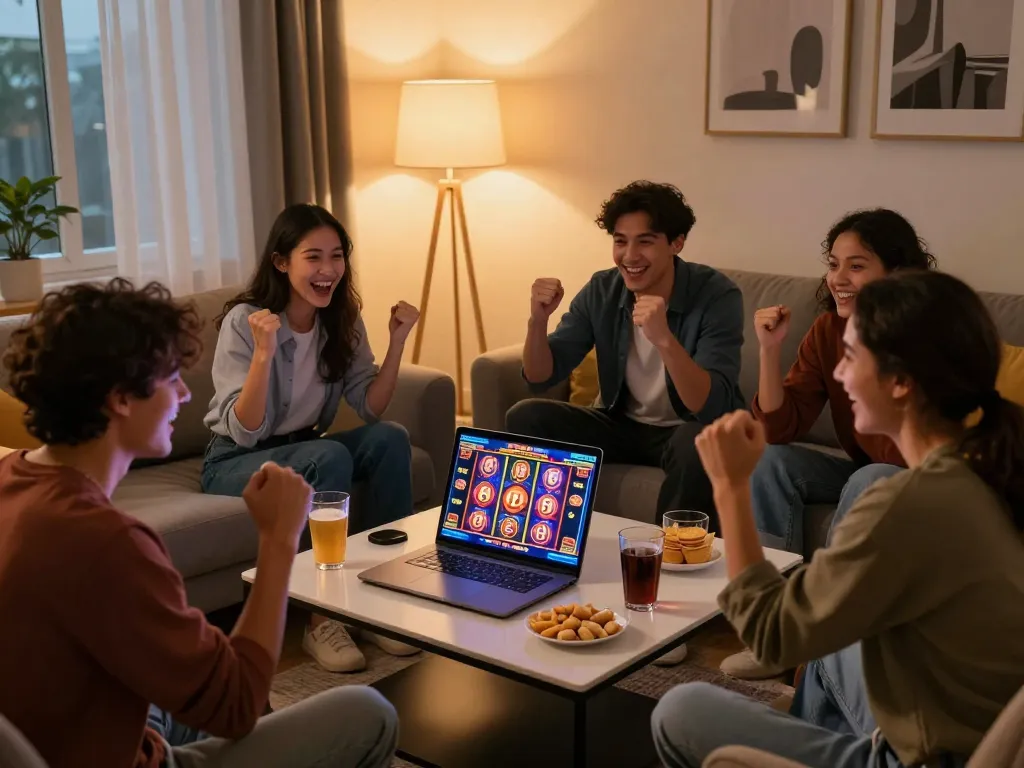 Slot gacor gampang menang celebrated by friends during joyful online gaming experience at home.