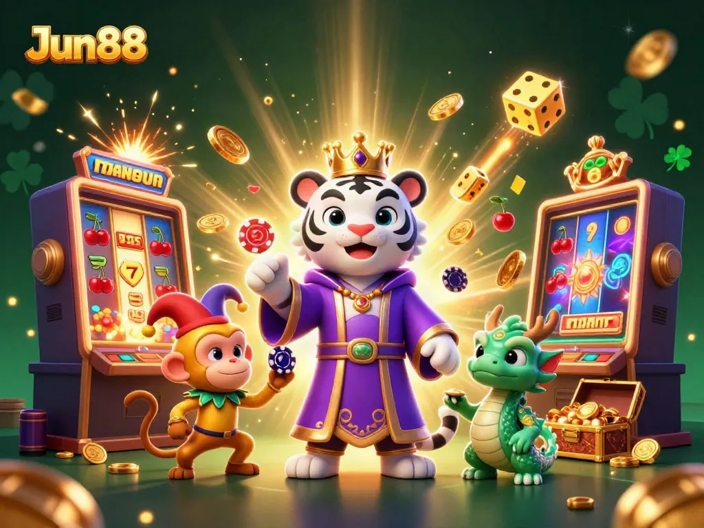 Experience the excitement of Jun88 with a vibrant 3D casino scene, featuring a whimsical white tiger, a playful monkey, and dynamic slot machines.