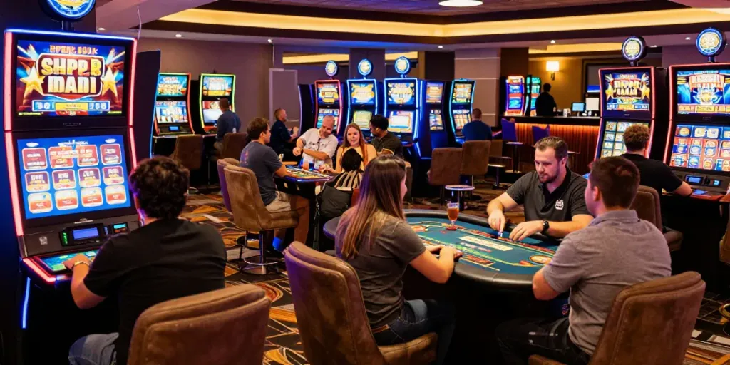 Players enjoying their experience at https://wolfbet-bonus.com/ crypto casino, surrounded by dynamic gaming options.