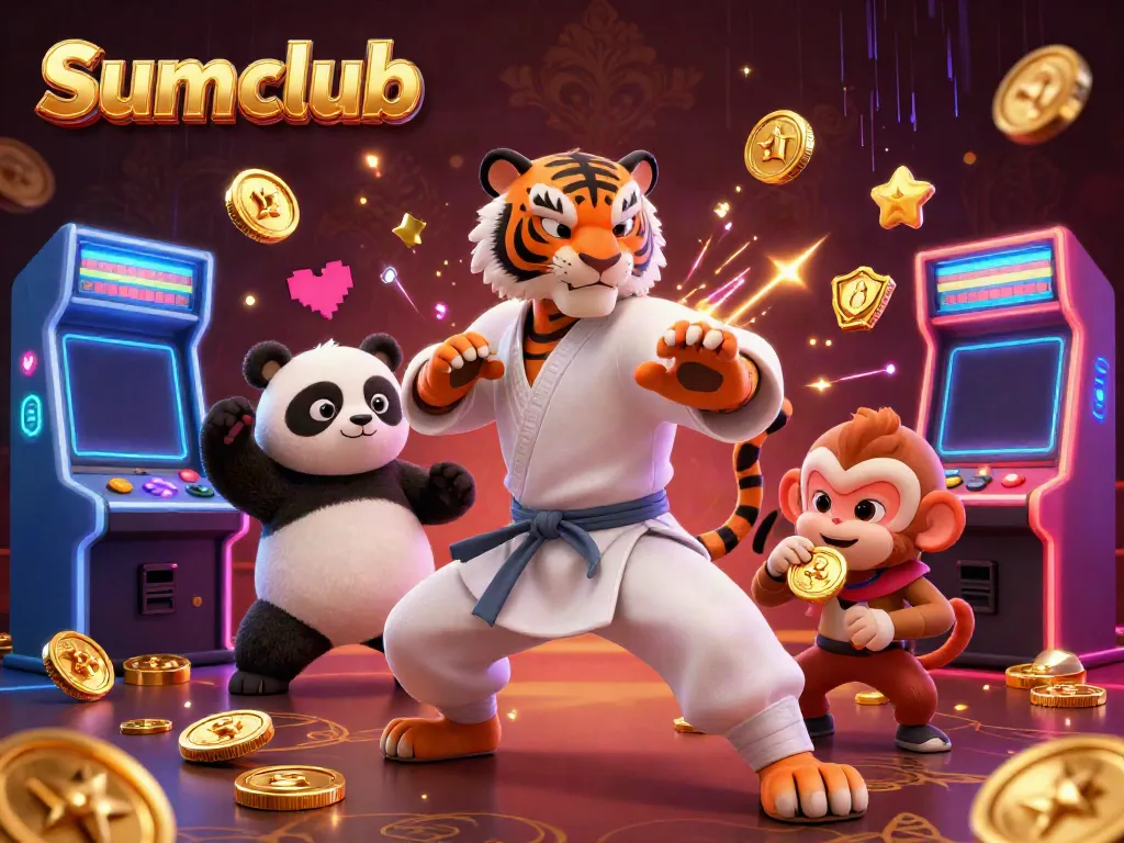 Engage with Sumclub's vibrant casino world featuring a kung fu tiger and playful characters.