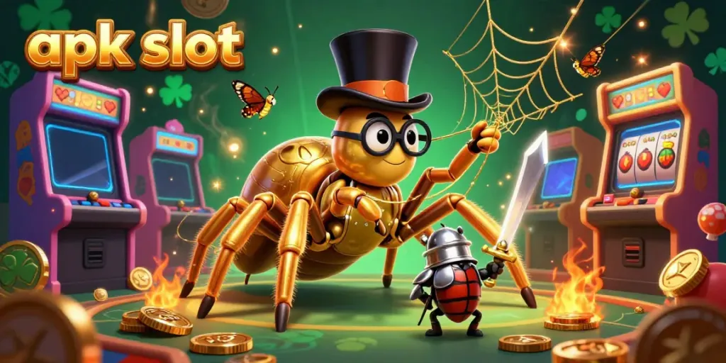 Penggambaran 3D slot apk yang menarik dengan laba-laba emas besar dan kesan kasino yang hidup.