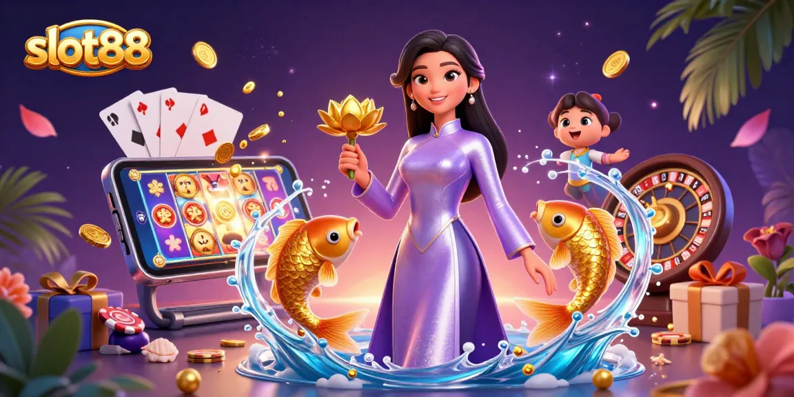 Experience the thrill of slot88 as an elegant Asian woman and golden koi fish celebrate casino wins.