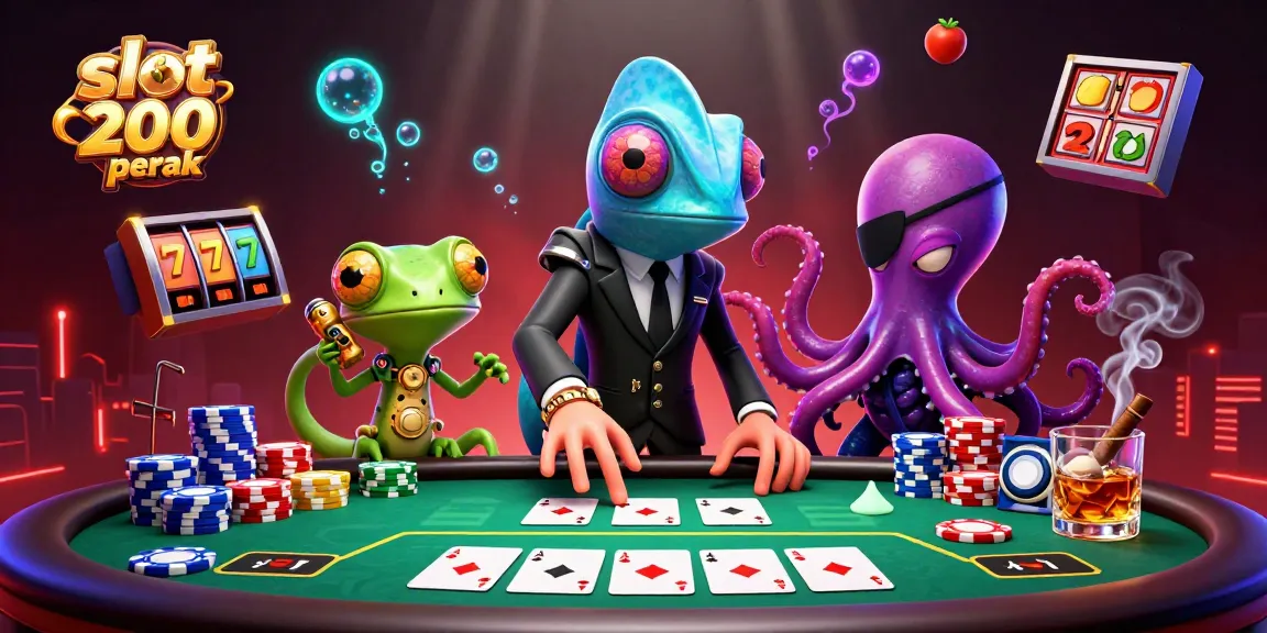 Slot bet 200 perak menampilkan agen rahasia dan gecko di meja poker penuh chip menarik.