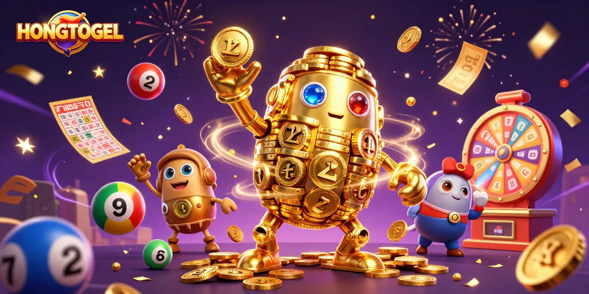 HONGTOGEL menghadirkan golem emas bertumpuk di tengah efek kemenangan lotere dan bingo.
