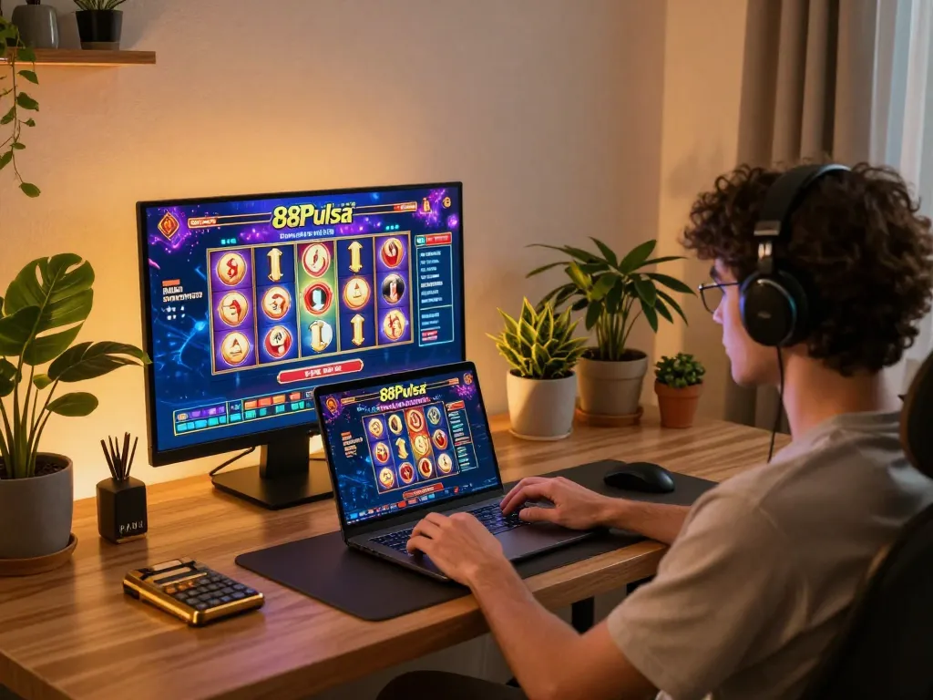 Pengalaman bermain game online yang menarik dengan 88Pulsa di laptop, menampilkan permainan slot yang cerah dan suasana rumah yang nyaman