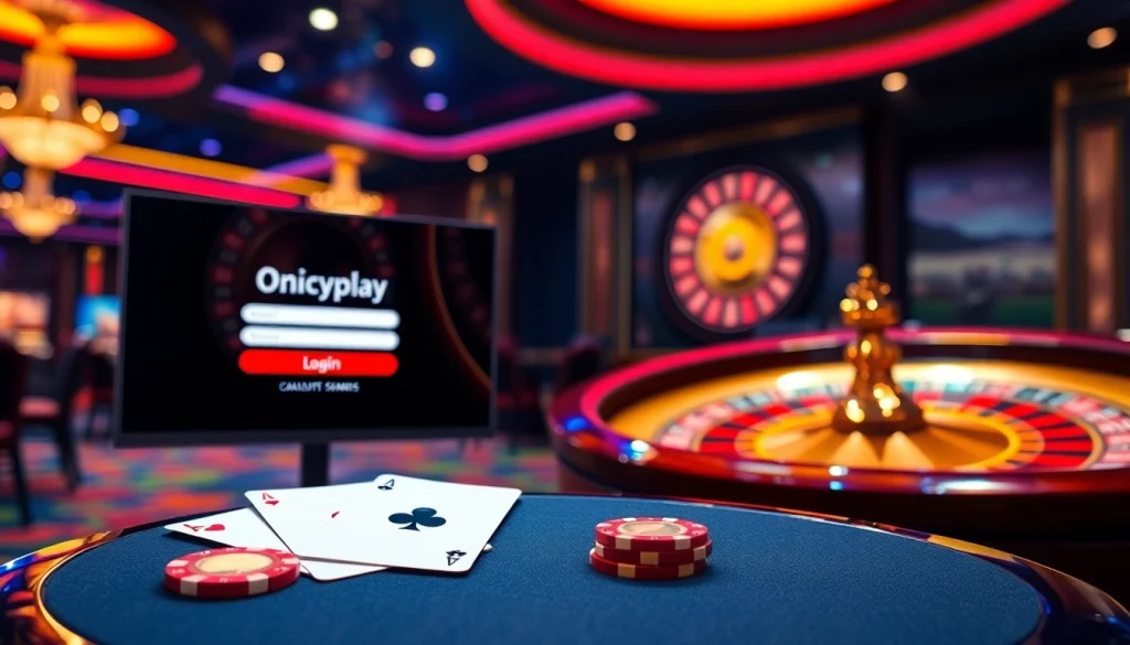 Engaging scene of Onicplay login screen in a luxury casino atmosphere featuring poker chips and roulette.