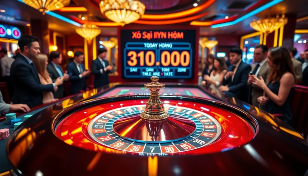 Xổ số 3 miền hôm nay results displayed on a roulette table amidst a lively casino atmosphere.