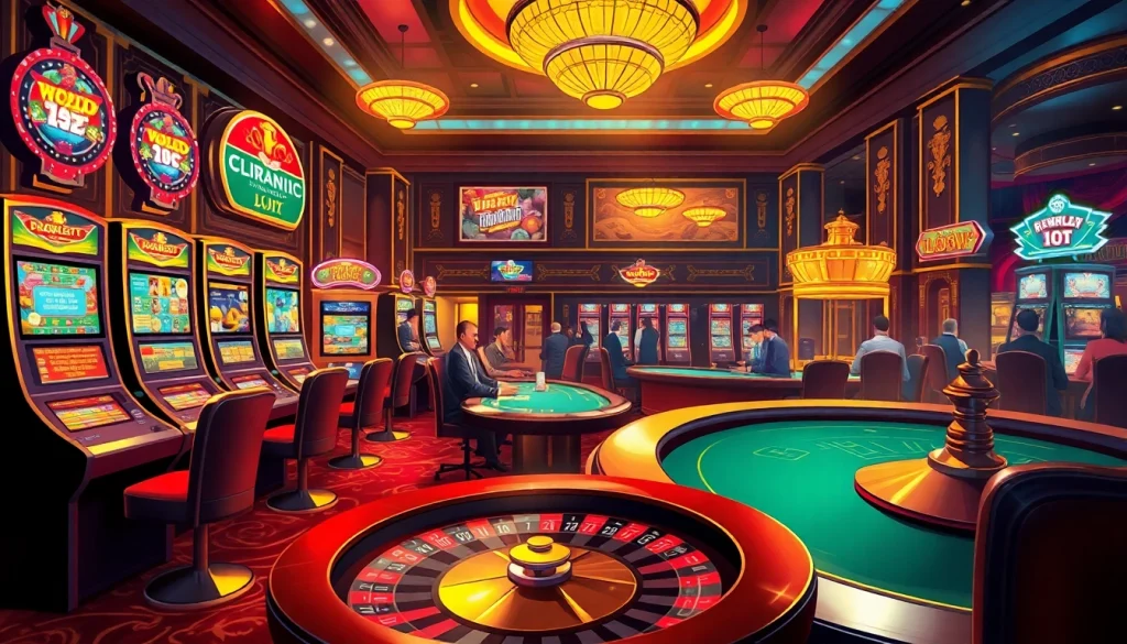 Suasana kasino yang mendebarkan menampilkan situs gacor dengan mesin slot yang hidup, pemain poker, dan roda roulette.