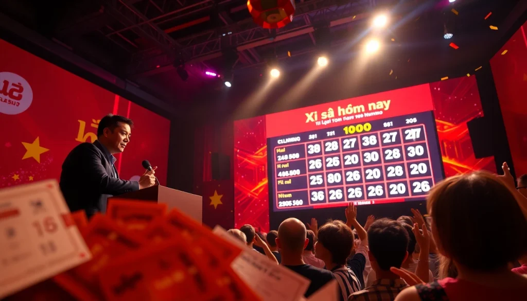Xổ số hôm nay results announced at a lively lottery event with audience excitement.