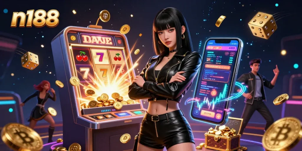 Experience the excitement at n188, where the stunning Asian woman and dynamic casino elements create a thrilling gaming atmosphere.