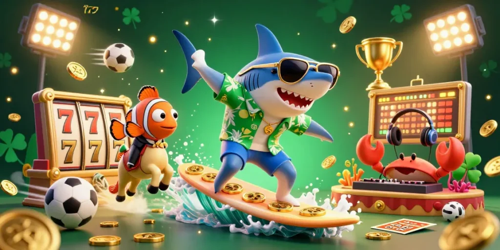 Experience excitement at slot777 with a vibrant cartoon scene of ocean-themed characters surfing on gold coins.
