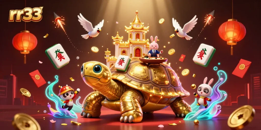 Experience the thrill of gaming at rr33 with an ultra-detailed casino scene featuring golden tortoise and rabbit dealer.