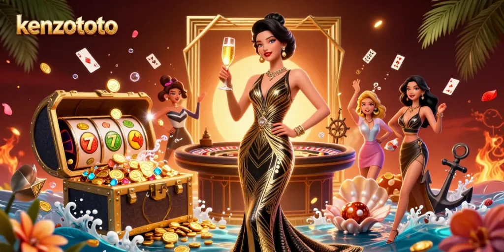 Kenzototo offers thrilling slot gaming action featuring a glamorous Asian woman celebrating wins in a vibrant casino.