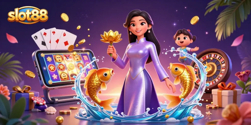 Experience the thrill of slot88 as an elegant Asian woman and golden koi fish celebrate casino wins.