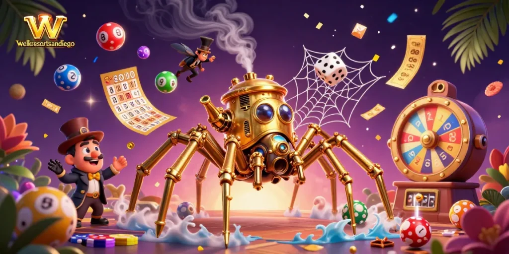Engage with luck at welkresortsandiego, featuring a steampunk spider, colorful lottery elements, and vibrant gaming atmosphere.
