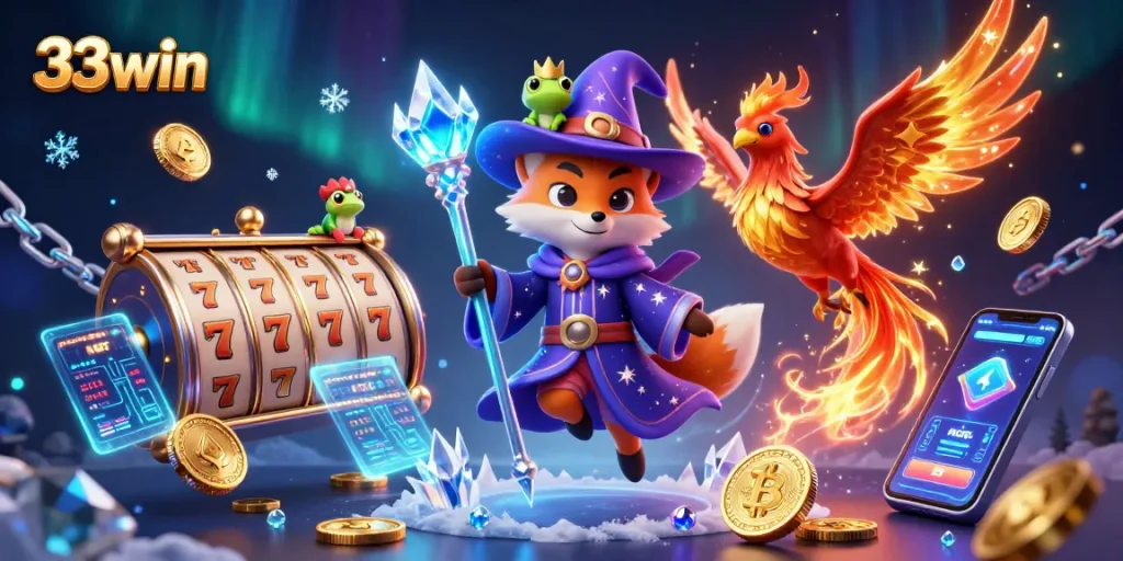 Experience thrilling gameplay at 33win with vibrant slot reels and heroic characters in a dynamic casino scene.