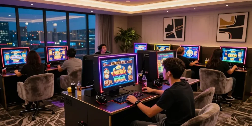 Suasana lounge permainan mewah dengan teman-teman bermain LUXURY777 sambil menikmati minuman.