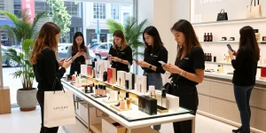 Pengalaman belanja LUXURY12 Online di ruang ritel elegan dengan produk kecantikan premium.