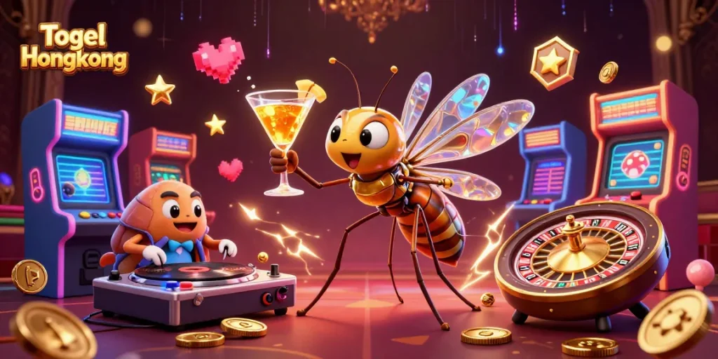Togel Hongkong scene featuring animated characters, gold roulette wheels, and casino elements for exciting gameplay.
