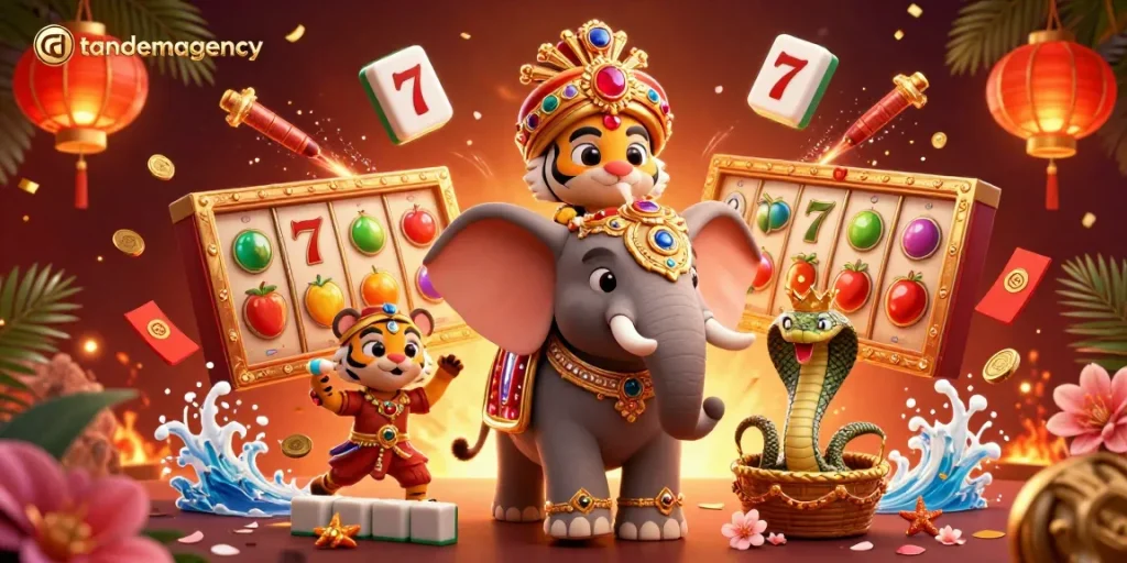 Tandemagency promotes a vibrant online casino with a joyous atmosphere featuring a jewel-encrusted elephant and dynamic slot elements.