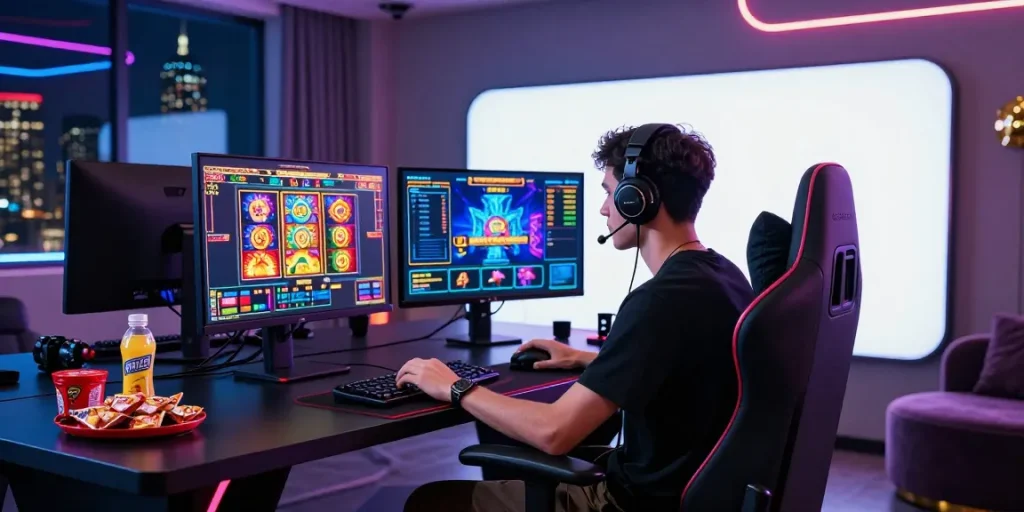 Gamer mengakses LUXURY777 Online di ruang bermain modern dengan suasana mewah dan aksesori canggih.