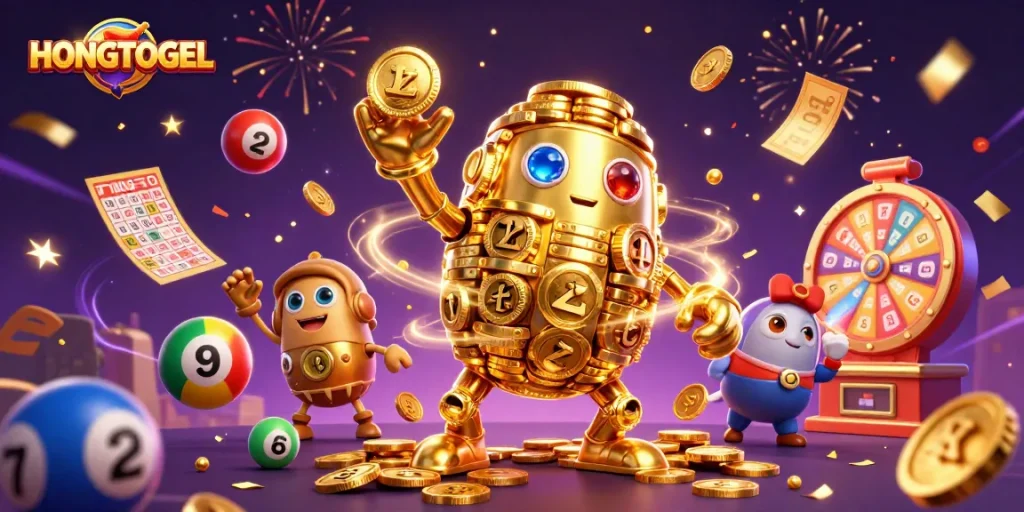 HONGTOGEL menghadirkan golem emas bertumpuk di tengah efek kemenangan lotere dan bingo.