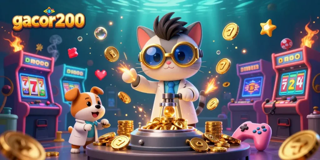 Gacor200 memikat dalam ilustrasi kasino dengan kucing ilmuwan dan anjing asisten bermain slot.