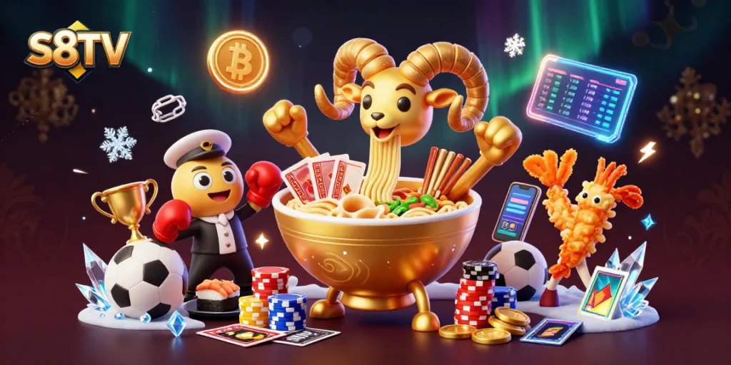 S8TV showcases a dynamic gambling scene with a giant golden ramen bowl and lively characters in action.