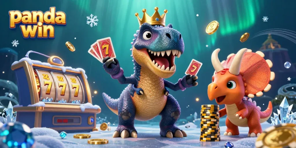 Panda win showcases a fun 3D scene with a T-Rex shuffling cards and stacking chips, creating a vibrant gaming atmosphere.
