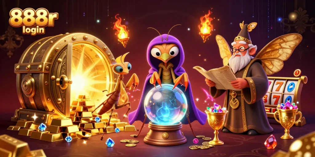 Experience the magic of 888r login with a vibrant 3D illustration showcasing fortune tellers and treasure.
