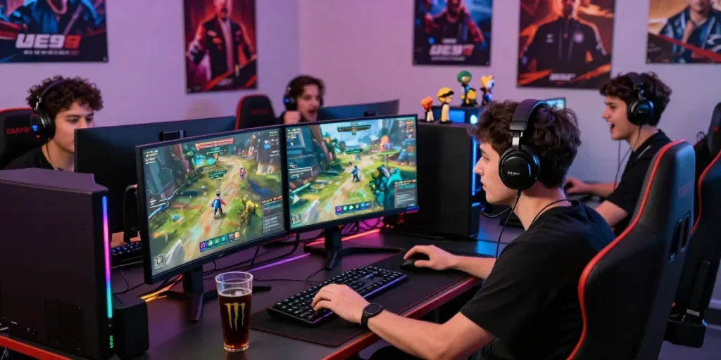 Gamer terlibat dalam permainan UE99 dengan monitor ganda dan suasana luar biasa.