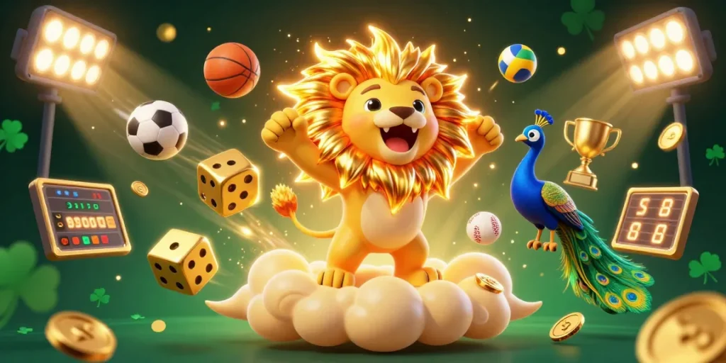 Engage in thrilling sports betting with dubaitoto, featuring a vibrant scene of golden dice and animated sports balls.