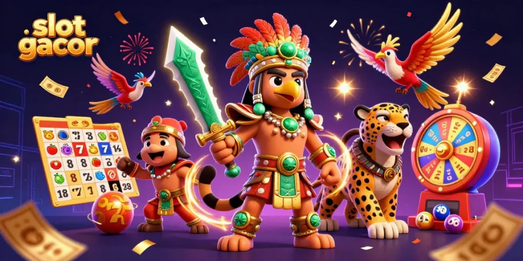 Engage with slot gacor in a vibrant 3D illustration featuring Aztec warriors and thrilling casino elements.