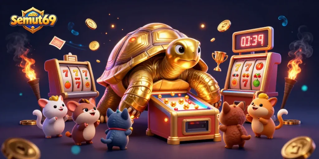 Permainan slot menarik di semut69 dengan kura-kura emas dan simbol kemenangan.
