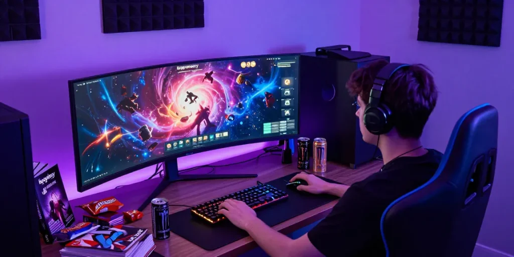 Pengatur setup gaming bertema luar angkasa "ligagalaxy" yang menarik dengan pencahayaan LED dan tampilan galaksi.