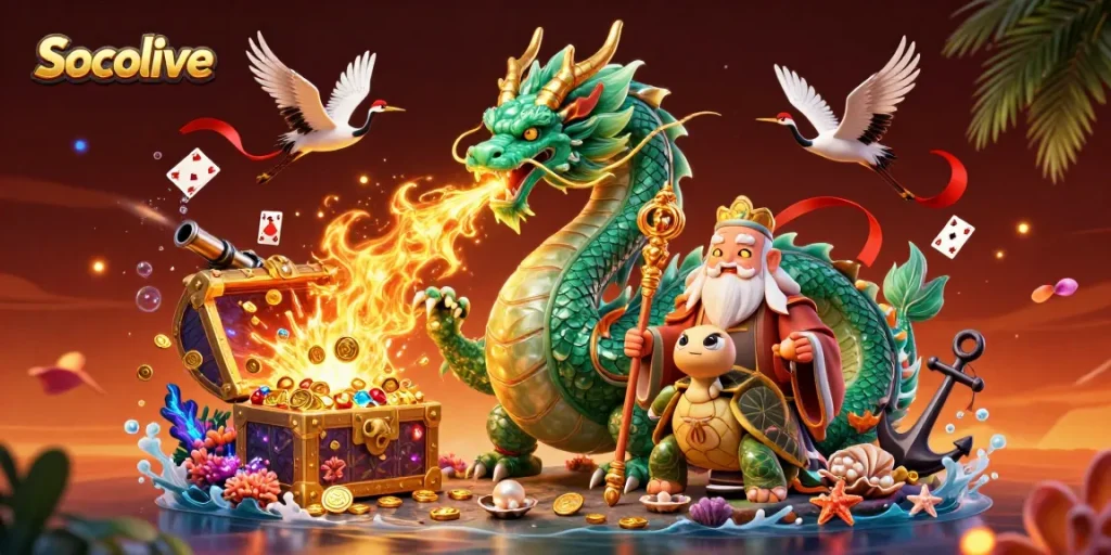 Socolive showcases a vibrant gaming scene with a powerful jade dragon and lucky cranes.
