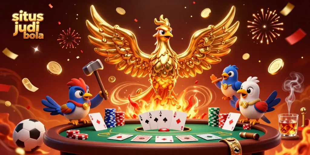 Experience thrilling action at situs judi bola with sports betting excitement and golden rewards in a dynamic scene.