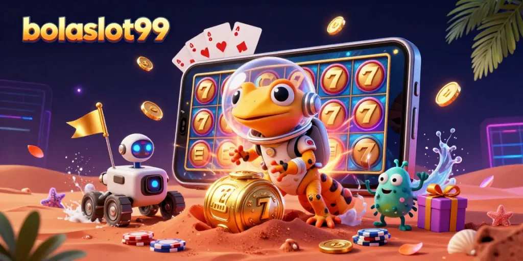 Bolaslot99 showcases an adventurous Martian gecko discovering a golden casino amidst vibrant game elements.